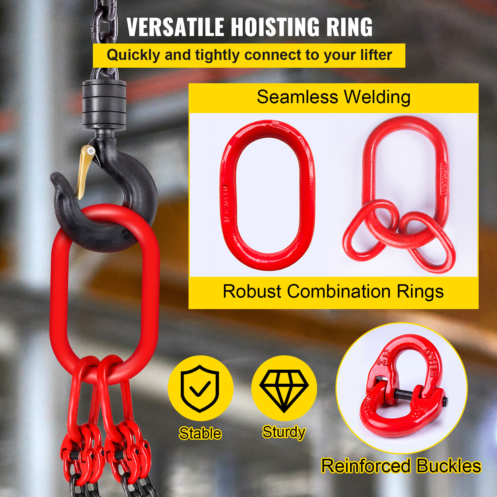 VEVOR 5/16"x10' Lifting Chain Sling G80 11023lbs 5Ton w/ 4 Legs ＆ Grab Hooks