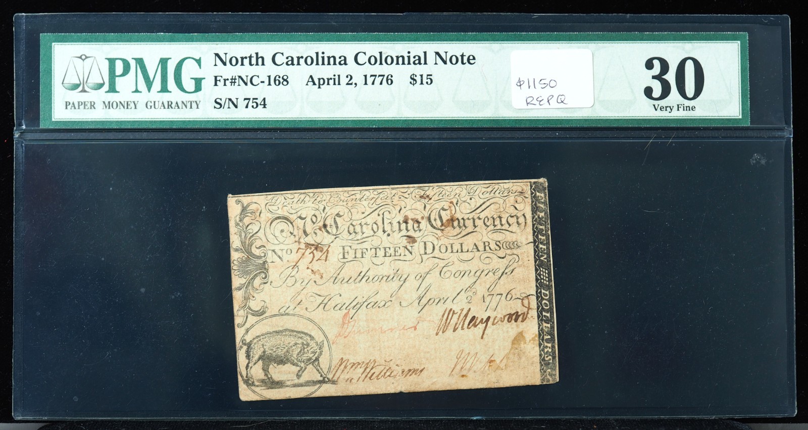 April 2, 1776 $15 North Carolina Colonial Note PMG 30