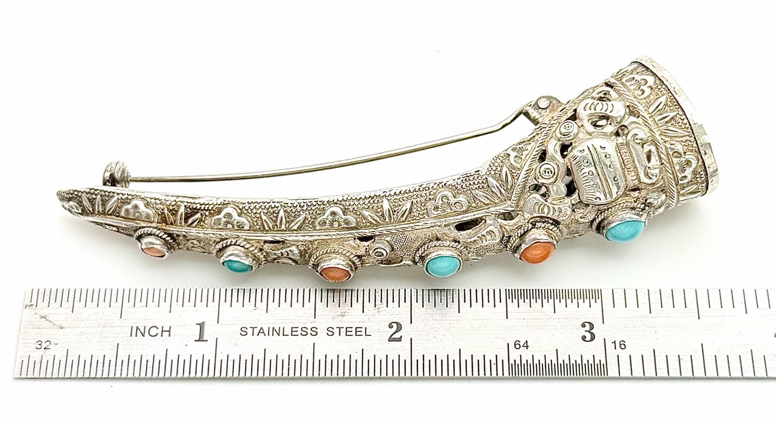 Antique Silver Chinese Finger Nail Guard / Protector Pin Rare Coral & Turquoise