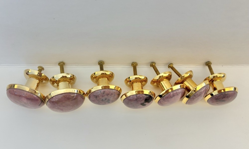 Pink Stone Brass Cabinet Knobs Rhodonite Style Drawer Pulls Vintage NOS
