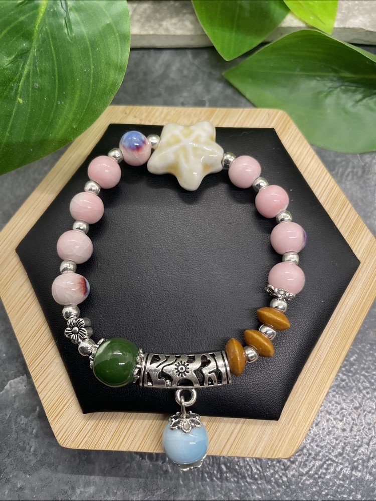Handmade Ceramic Bead Beaded Stackable 6.5” Plus Stretch Bracelet New B319