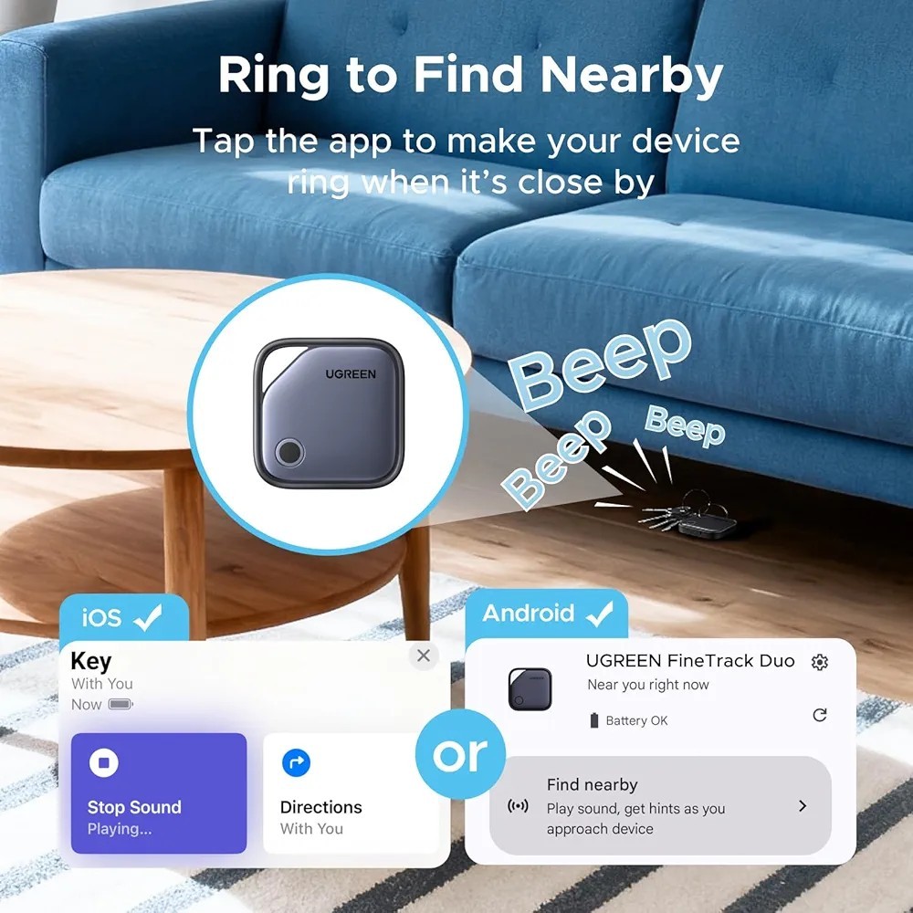 UGREEN Finder Duo (iOS and Android) Bluetooth Tracker AirTag, USB-C Rechargeable