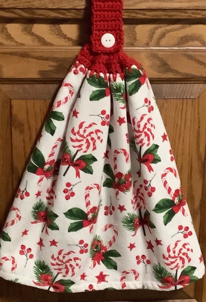 Double  hanging kitchen towel Xmas candy canes crocheted red top