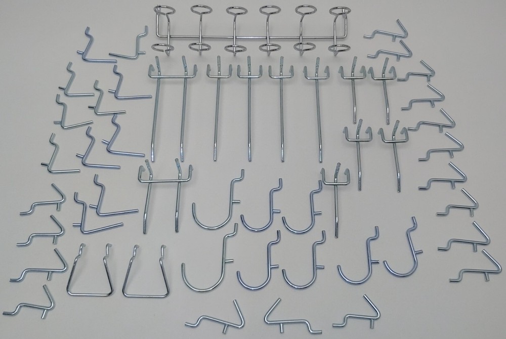 50 Assorted Chrome Plated Pegboard Hooks Hangers, Tool Screwdriver Hammer Pegs