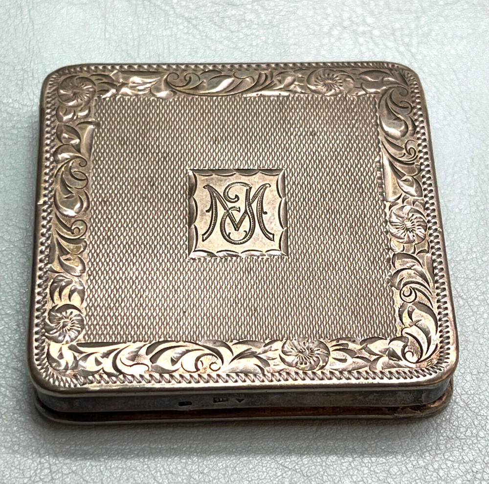 Antique 835 Solid Silver Ladies Powder Box Engraved Hallmark with Initials MJ