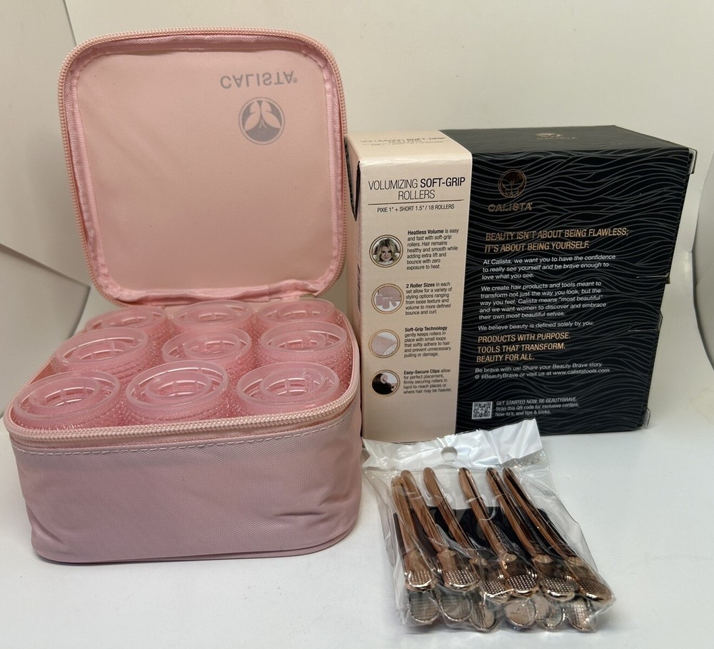 Calista Volumizing Self Grip Rollers 18 Curlers Clips Case Short Pixie NEW W/BOX