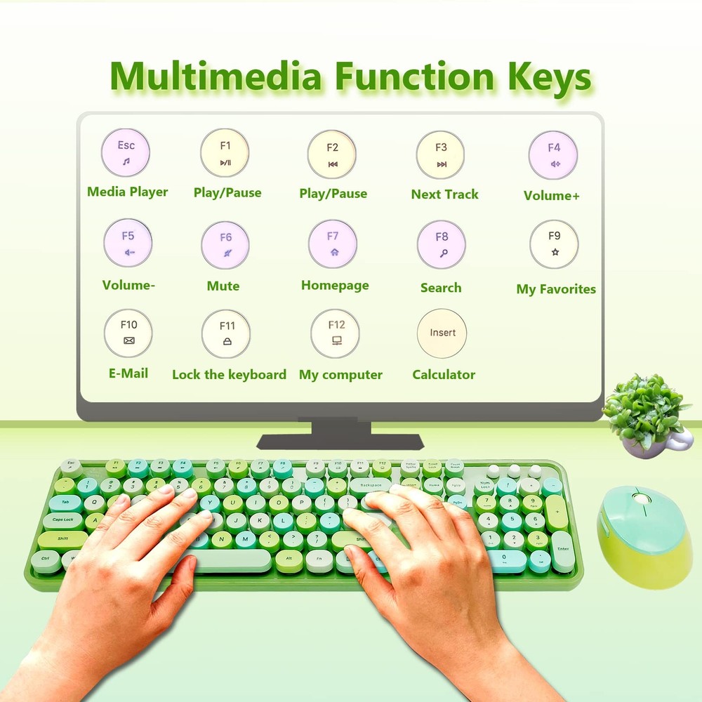 Wireless Keyboard and Mouse Combo Retro Typewriter Ergonomic Set Green