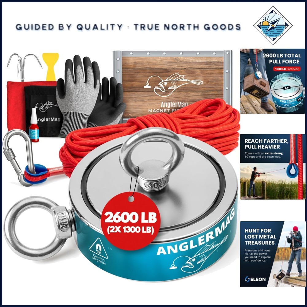 Complete Magnet Fishing Set with 2600 lb Pull Force, Gloves and Grappling Hook