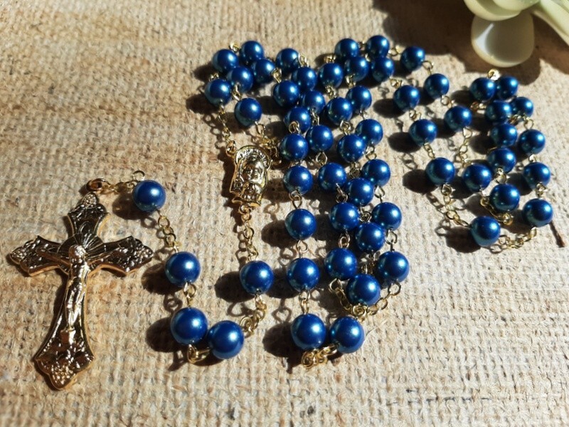 Paris Blue Glass Pearl and Crystal Rosary in Gold