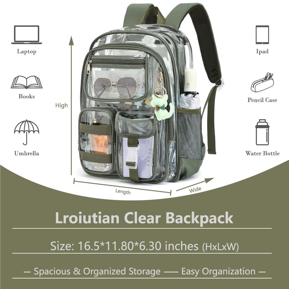 Clear Backpack Heavy Duty Transparent School Bag See Through Pockets Grey