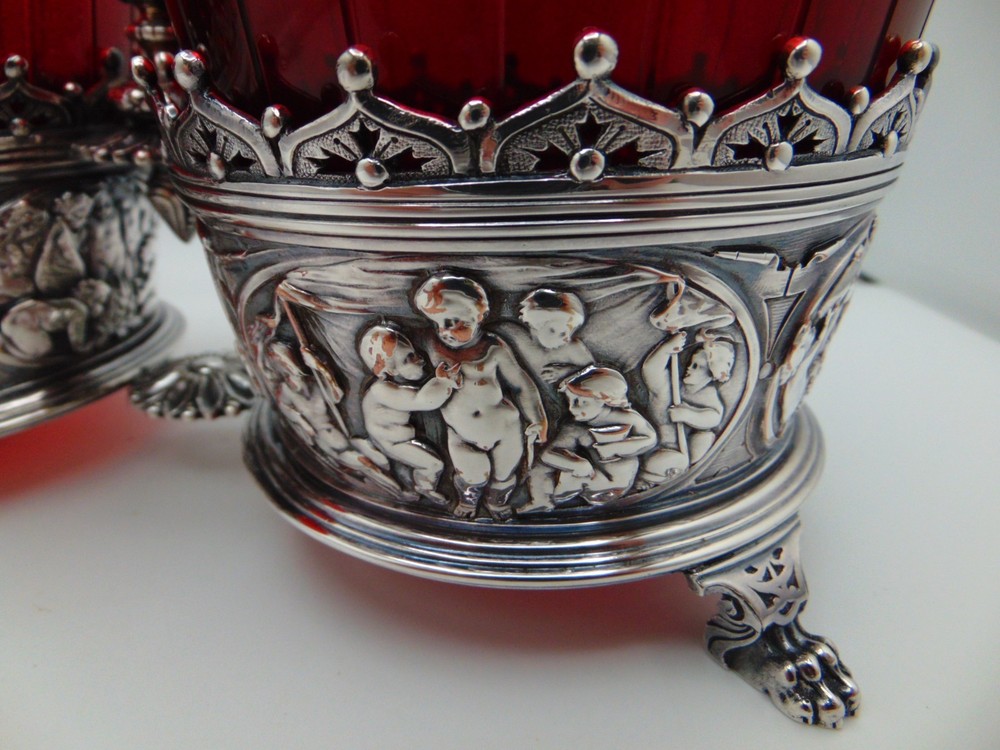 1870 Antique English Elkington Silver Plated & Ruby Red Glass Bowl Jam Holder