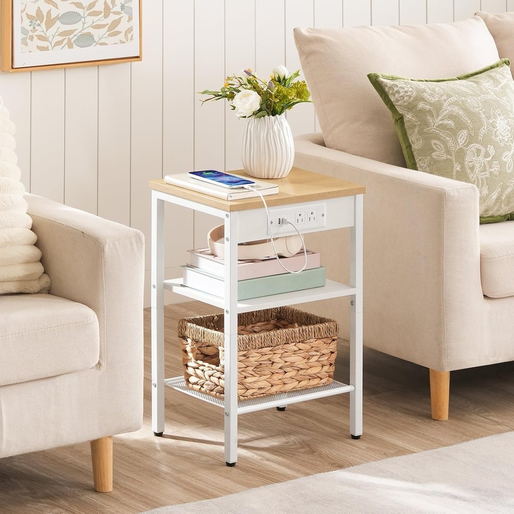 Side Table W/ Charging Station & USB Ports Small End Table Small Space 3-Tier