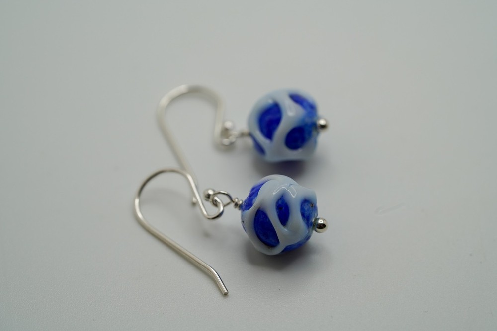 ANT Blue White Bead Upcycled Sterling Silver Dangle Earrings 3cm x 10mm JB41-E2