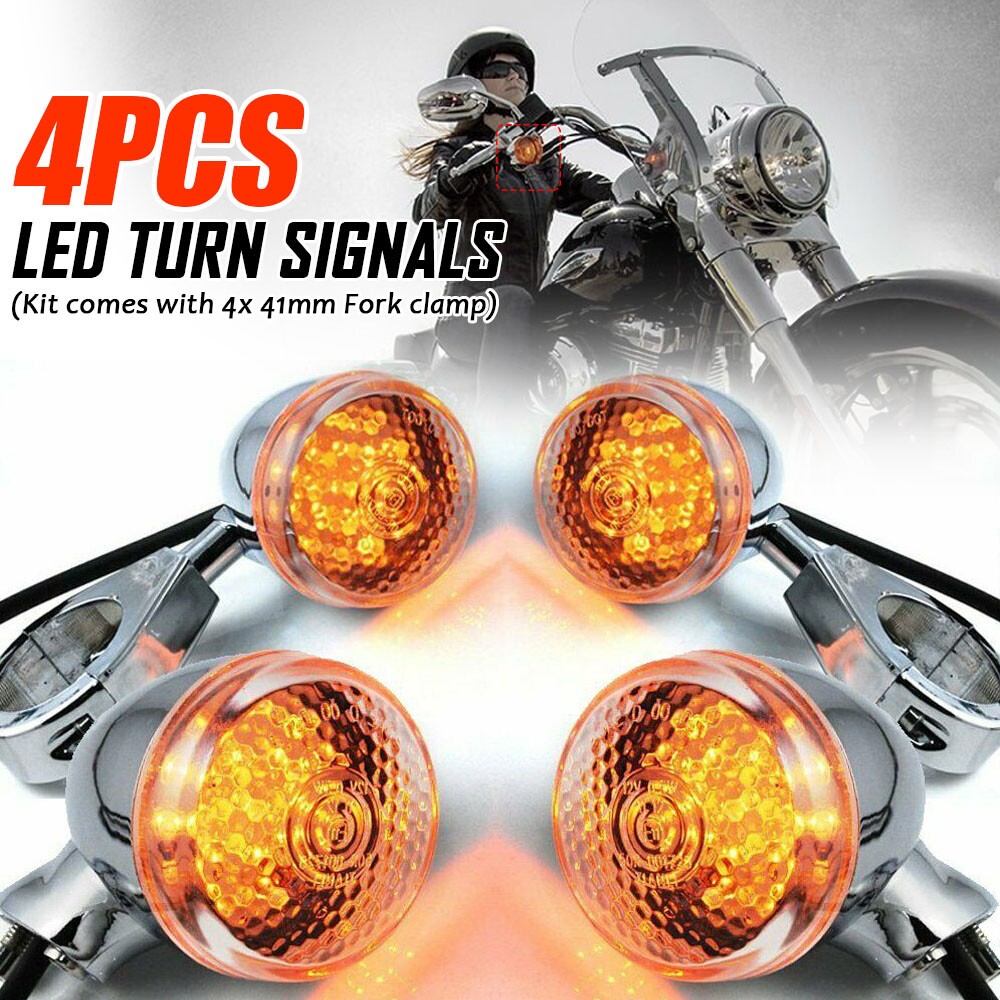 Front & Rear Motorcycle LED Turn Signal Light 41mm Fork Clamp Chrome For Harley