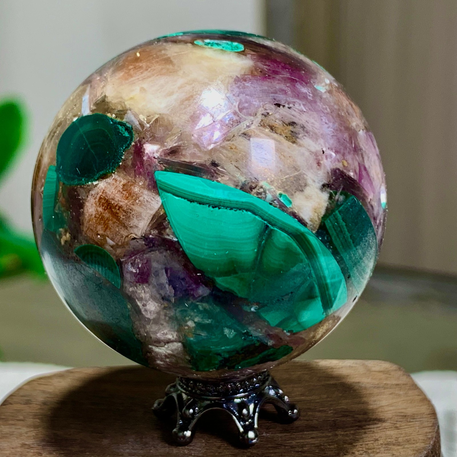 95G Newly discovered rare malachite purple mica symbiotic sphere restoration