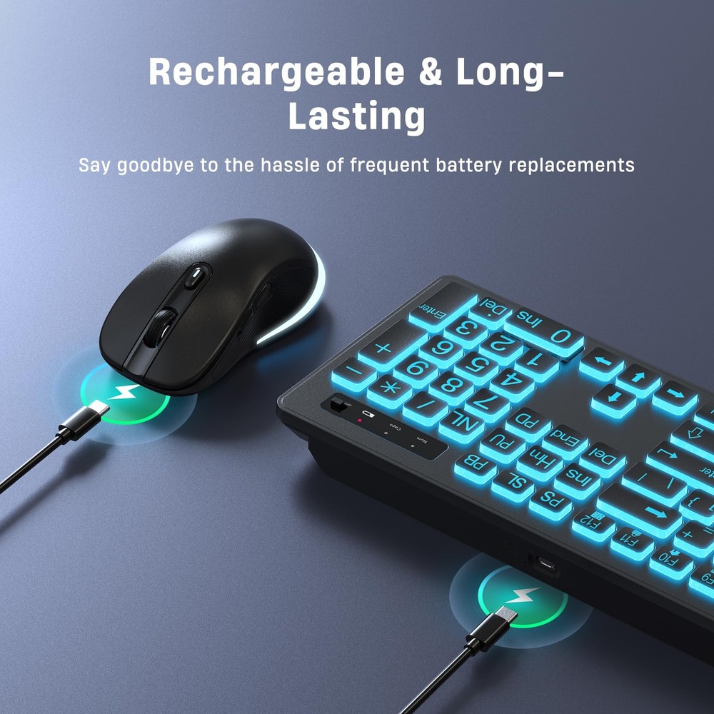 Large Print 7 Colors Backlit Wireless Keyboard & Mouse For PC Windows Gaming