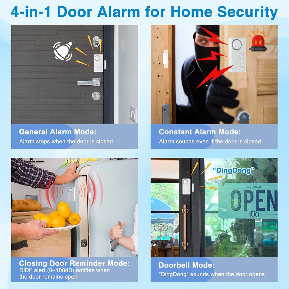 Adjustable Time Delay Freezer Alarm 108dB Loud 4 Modes Magnetic Sensor 3 Volume