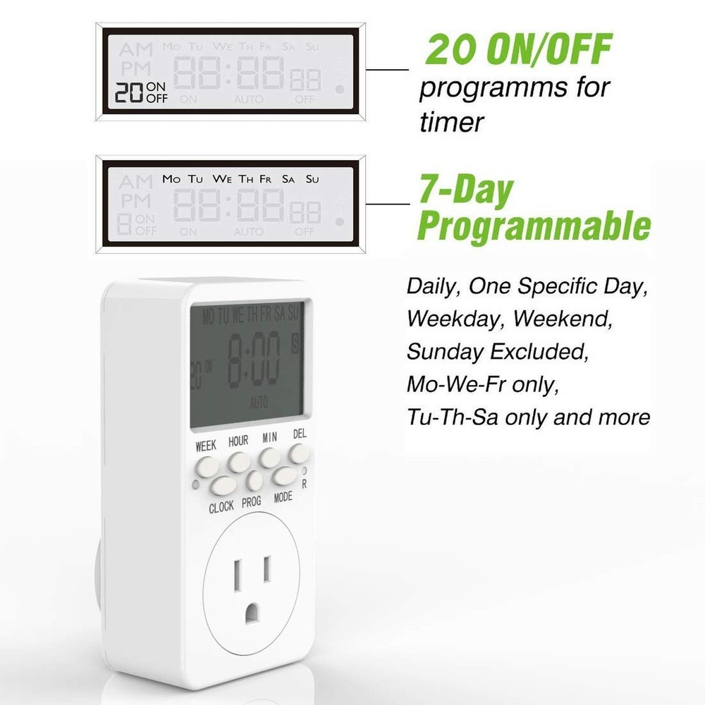7-Day Programmable Digital Countdown Plug Timer for 110V AC, Energy-Saving In...