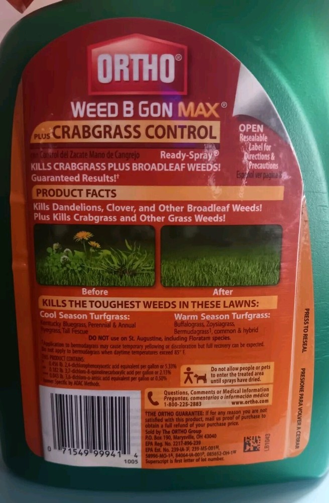 (2) Ortho Weed B Gon MAX Weed Killer Plus Crabgrass + Broadleaf Control 32 oz Ea