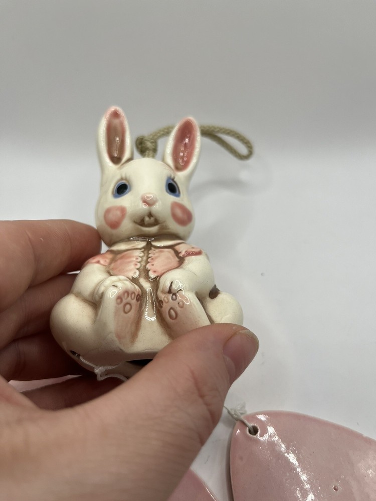 Rabbit Wind Chime Vintage Ceramic Bunny Easter Pink