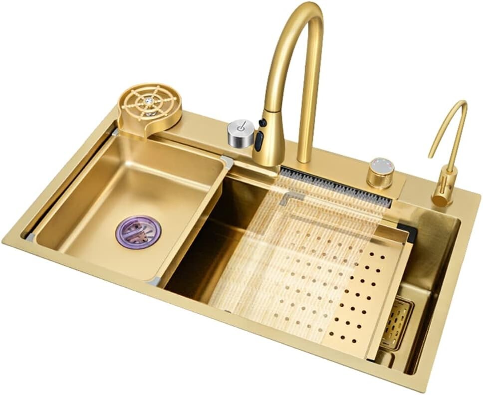 33x22 IN Gold Flying Rain Stainles Steel Watefall Kitchen Sink w PullDown Faucet