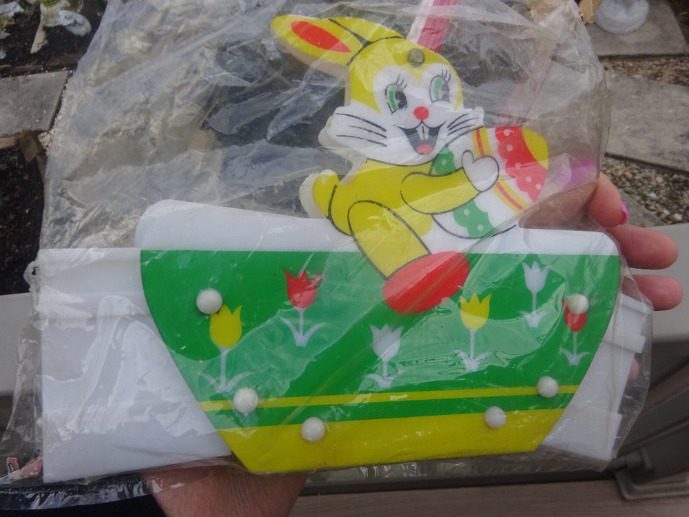 Vintage Easter Unlimited 7" Hard Plastic Folding Bunny w Egg Candy Basket