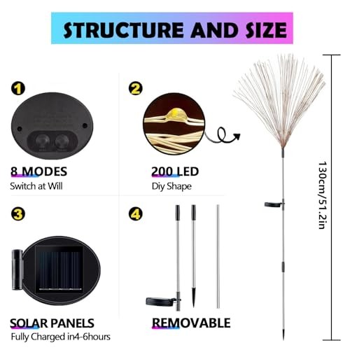 Solar Firework Lights Outdoor, Adjustable 32" to 51" Extra 2 Pack Multicolor