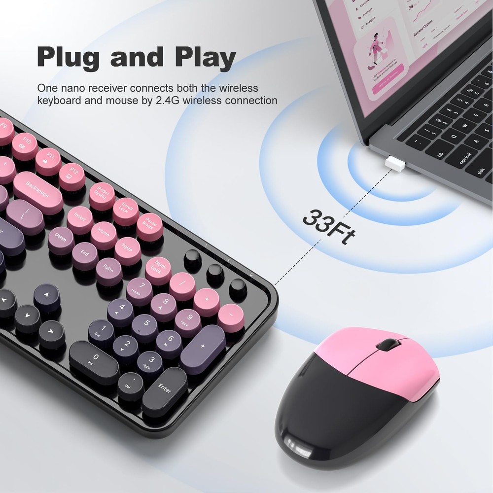 Berry Pink Wireless Keyboard Mouse Combo Retro Typewriter USB Windows