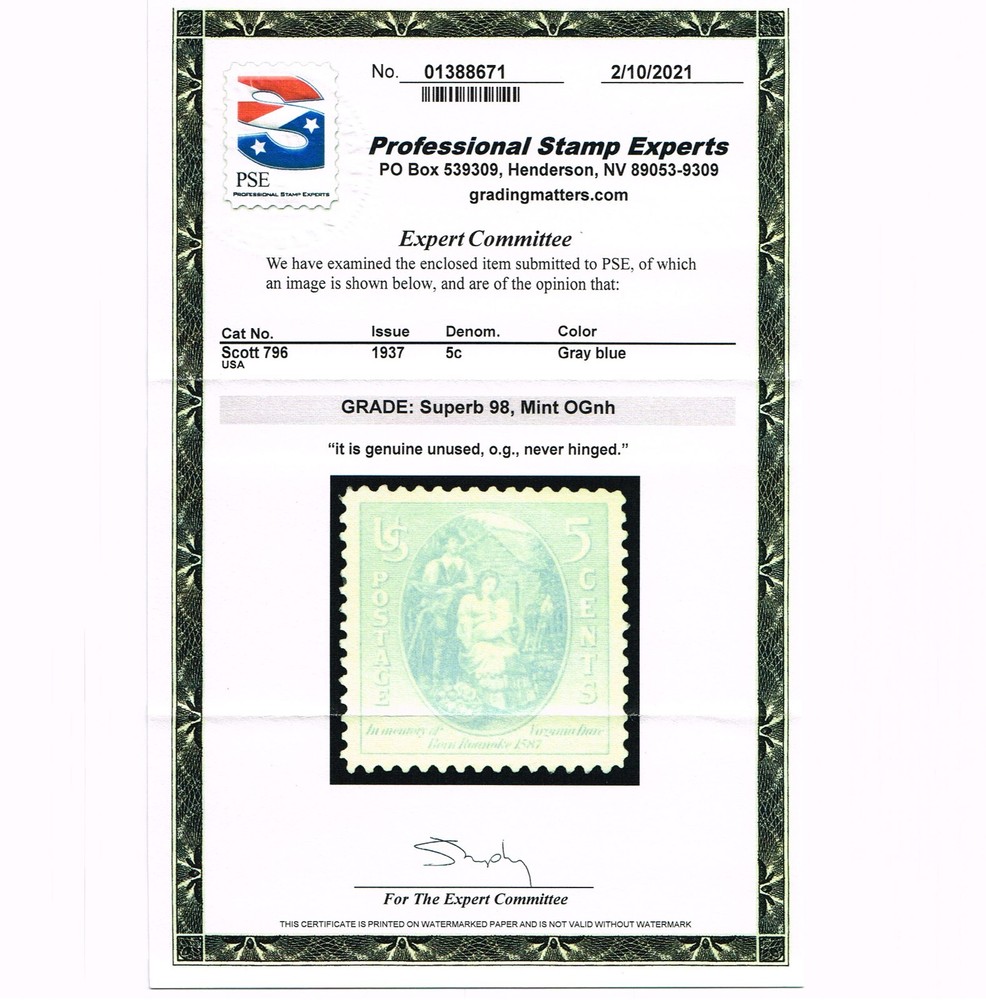 EXCEPTIONAL GENUINE SCOTT #796 MINT PRISTINE OG NH PSE CERT GRADED SUPERB-98
