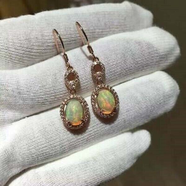 Beautiful 3Ct Oval Cut Fire Opal Drop/Dangle Earrings Solid 14K Rose Gold Finish