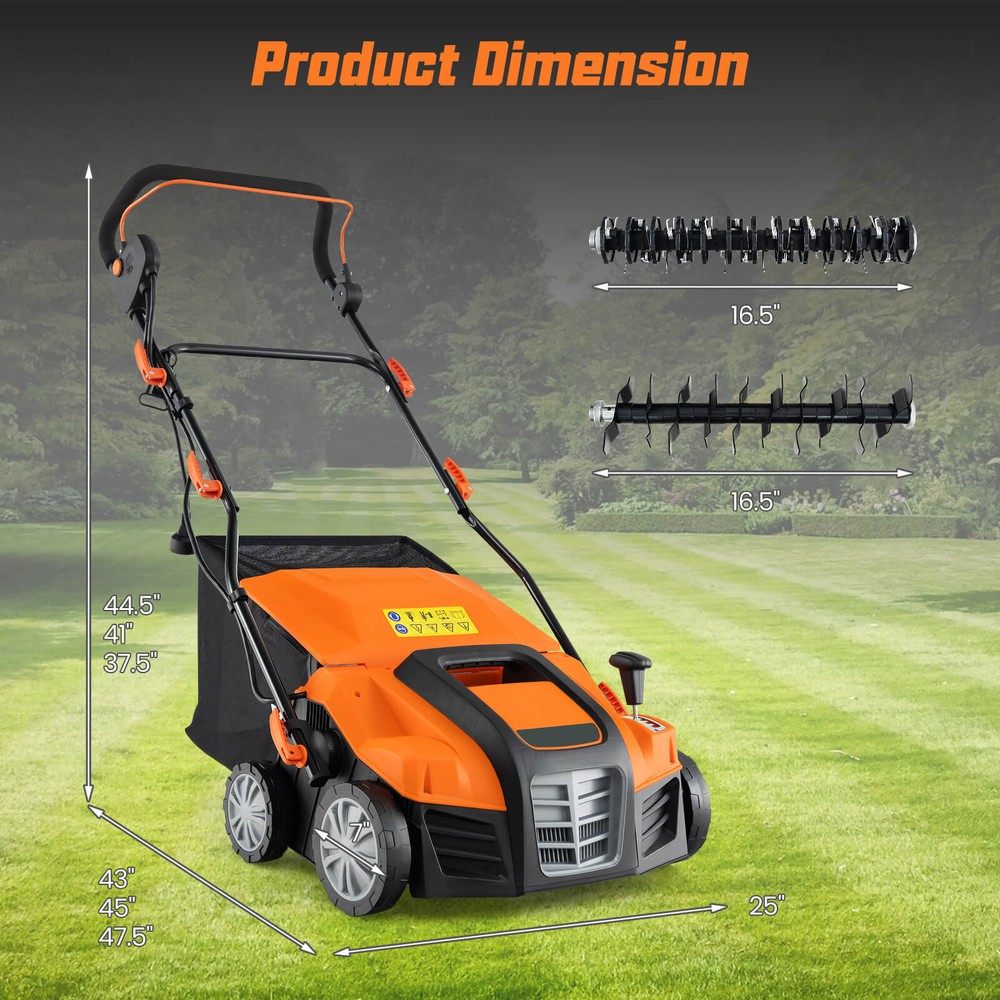 16-Inch Folding Electric Dethatcher & Scarifier w/ 3-Position Height Adjustment