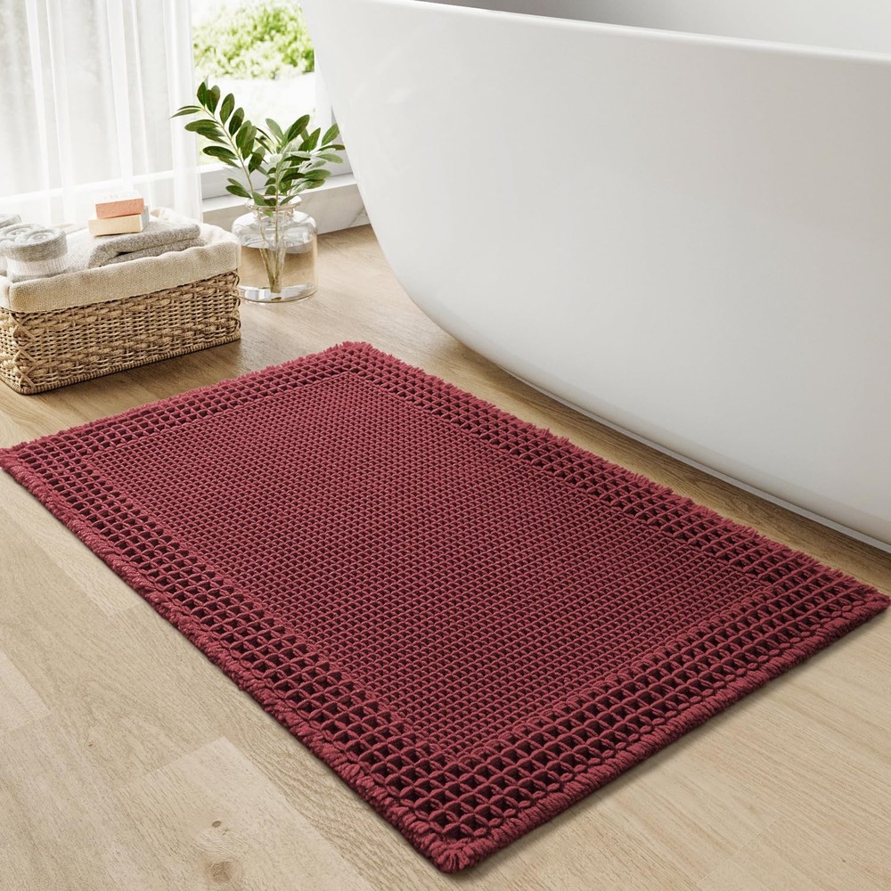 RESARE Waffle Bath Mat for Bathroom, Super 1'5" x 2' (Rectangular), Dark Red