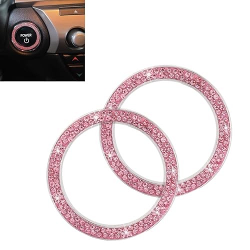 2PCS Bling Push to Start Button Cover, Crystal Rhinestone Engine Start Pink