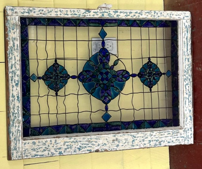 Antique Salvaged Rectangular Leaded Stained Glass Window NICE ! 22" x 31"