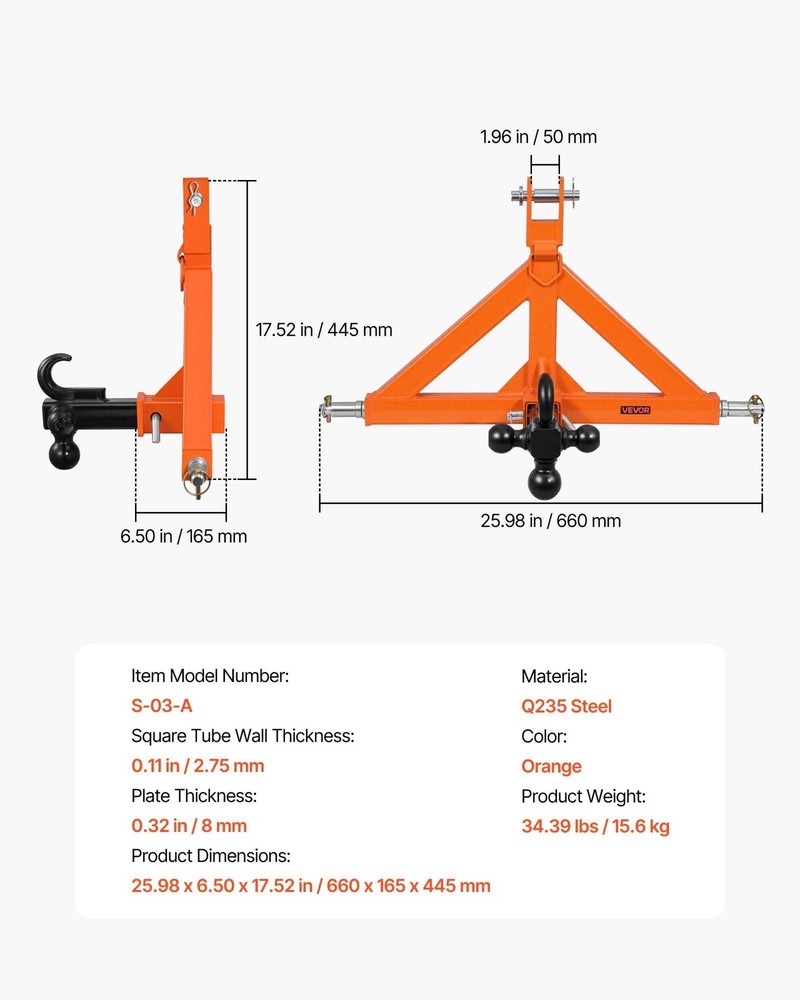 3 Point Trailer Hitch with 2" Receiver, 3 Pt Quick Hitch Attachment with 3