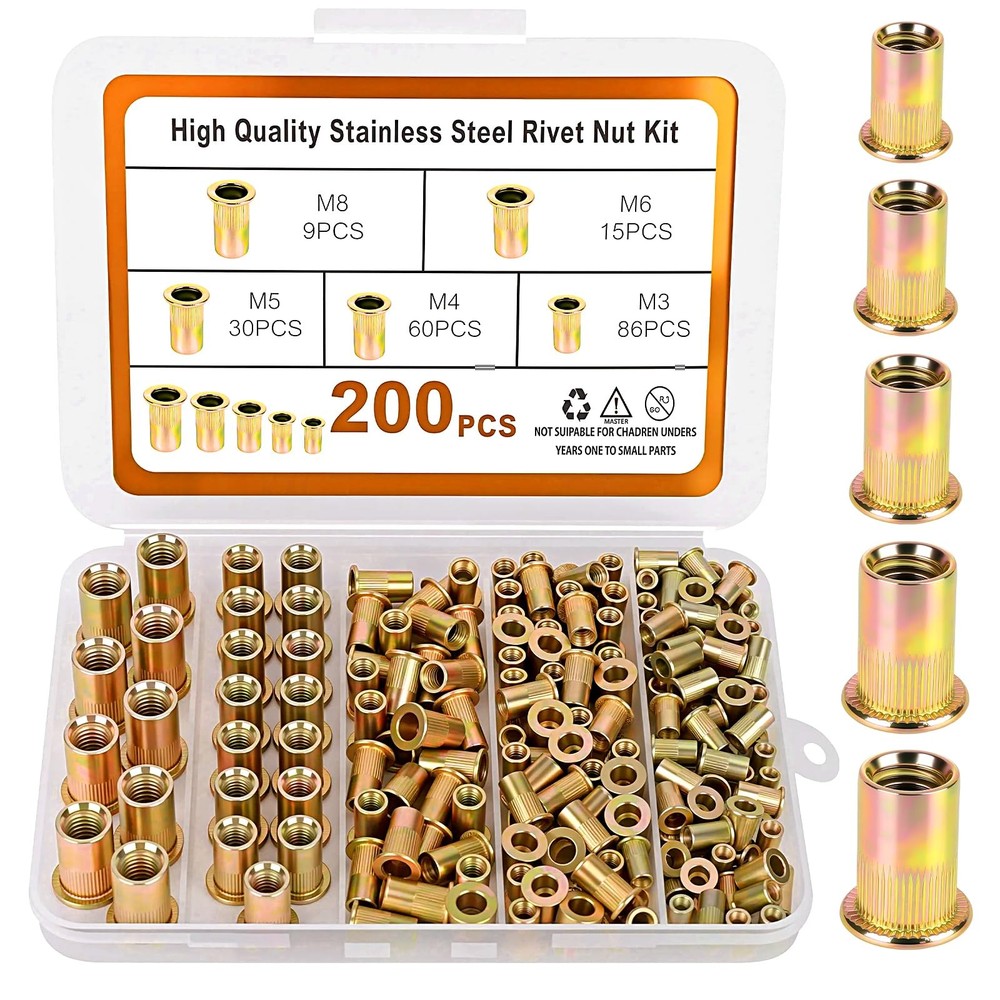 200PCS Metric Rivet Nut Kit M3 M4 M5 M6 M8 Rivnut Threaded Insert Assortment...