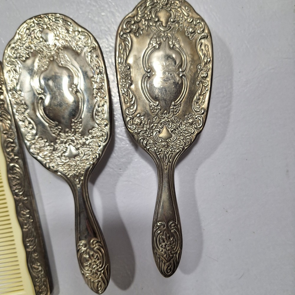 Vintage Vanity Mirror Brush Comb Set Sterling Silver Plated