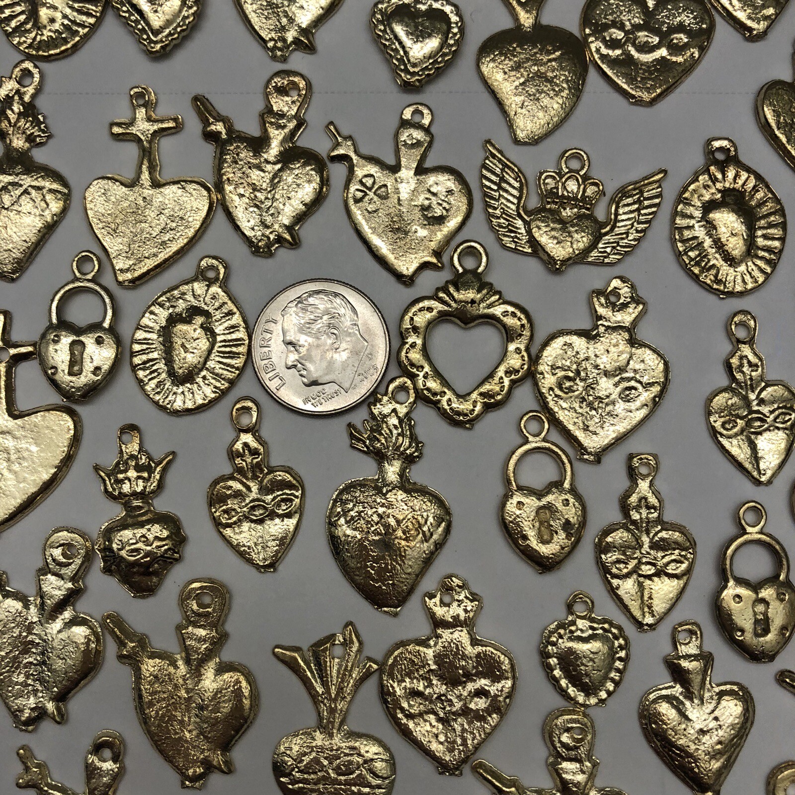 25 Milagro HEART Charms Mexican Folk Art GOLD All HEARTS Charm Lot