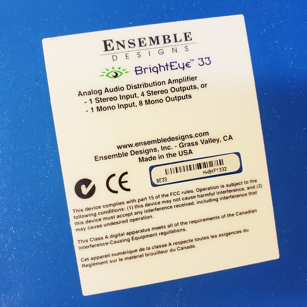 Ensemble Designs BrightEye 33 Analog Audio Distribution Amplifier Bright Eye