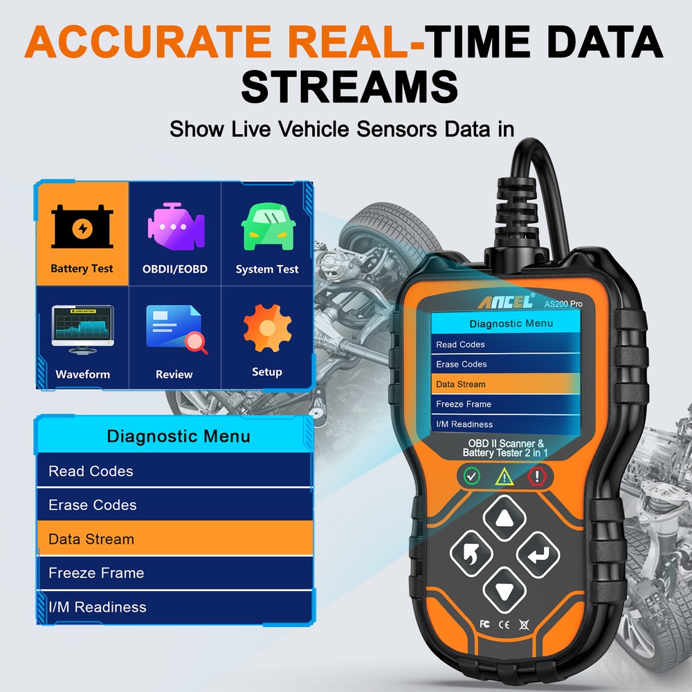 ANCEL AS200 Pro Car OBD2 Diagnostic Scanner Code Reader 12/24V Battery Tester