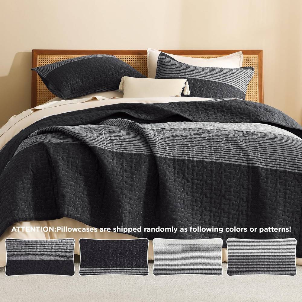 Litanika Quilt Queen Size Black, Grey and White, Gray Stripe Patchwork Summer...