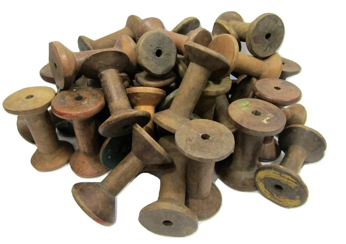 Lot of 6 Antique Vintage 3" Plain Wooden Industrial Textile Bobbins Spools