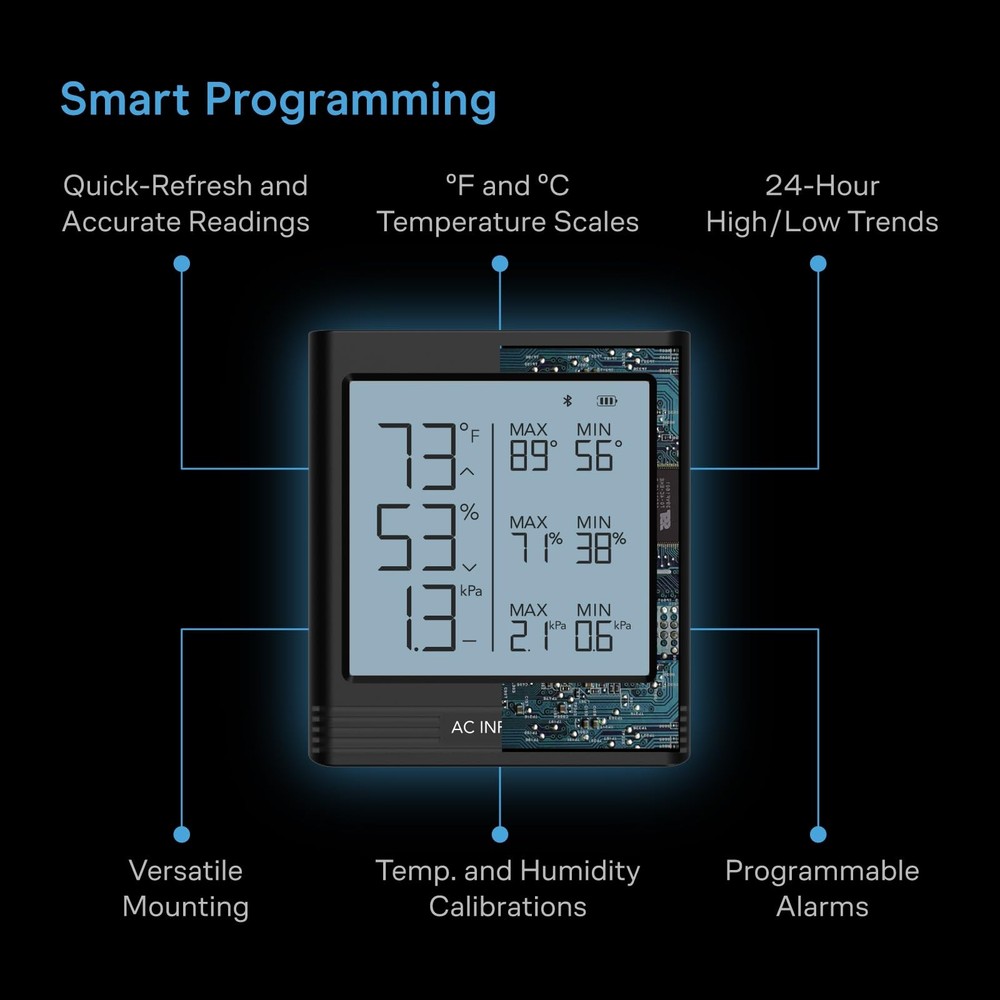AC Infinity Temperature Humidity VPD Smart Hygrometer B2 with LCD Black
