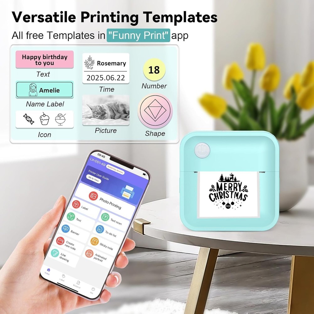Label Maker Machine with Tape - Inkless Mini Bluetooth Label Printer with Multip