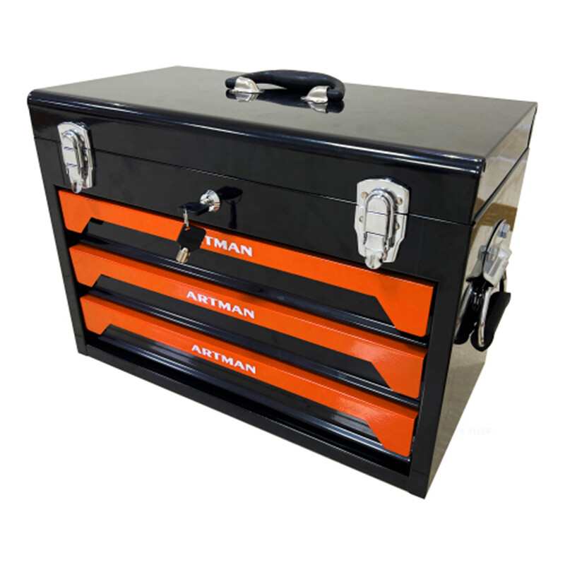 3-Drawer Tool Box with Tool Set Lockable Tool Cabinet with Handle Black & Orange