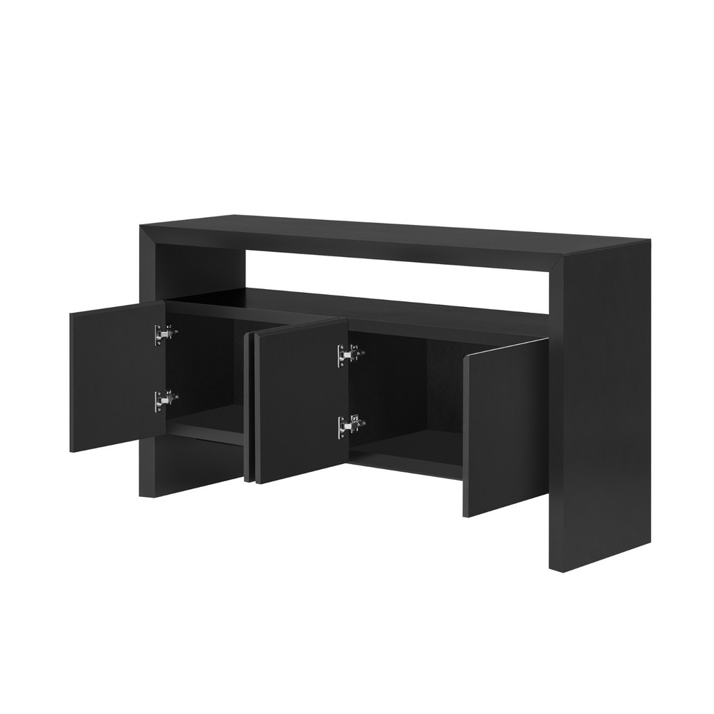 60" Modern Minimalist Solid Wood Veneer Sideboard (4 Doors+Open Shelf, Natural