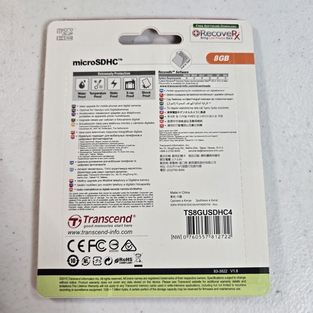 Transcend Class 4 8GB Micro SDHC Card With Adapter NIB