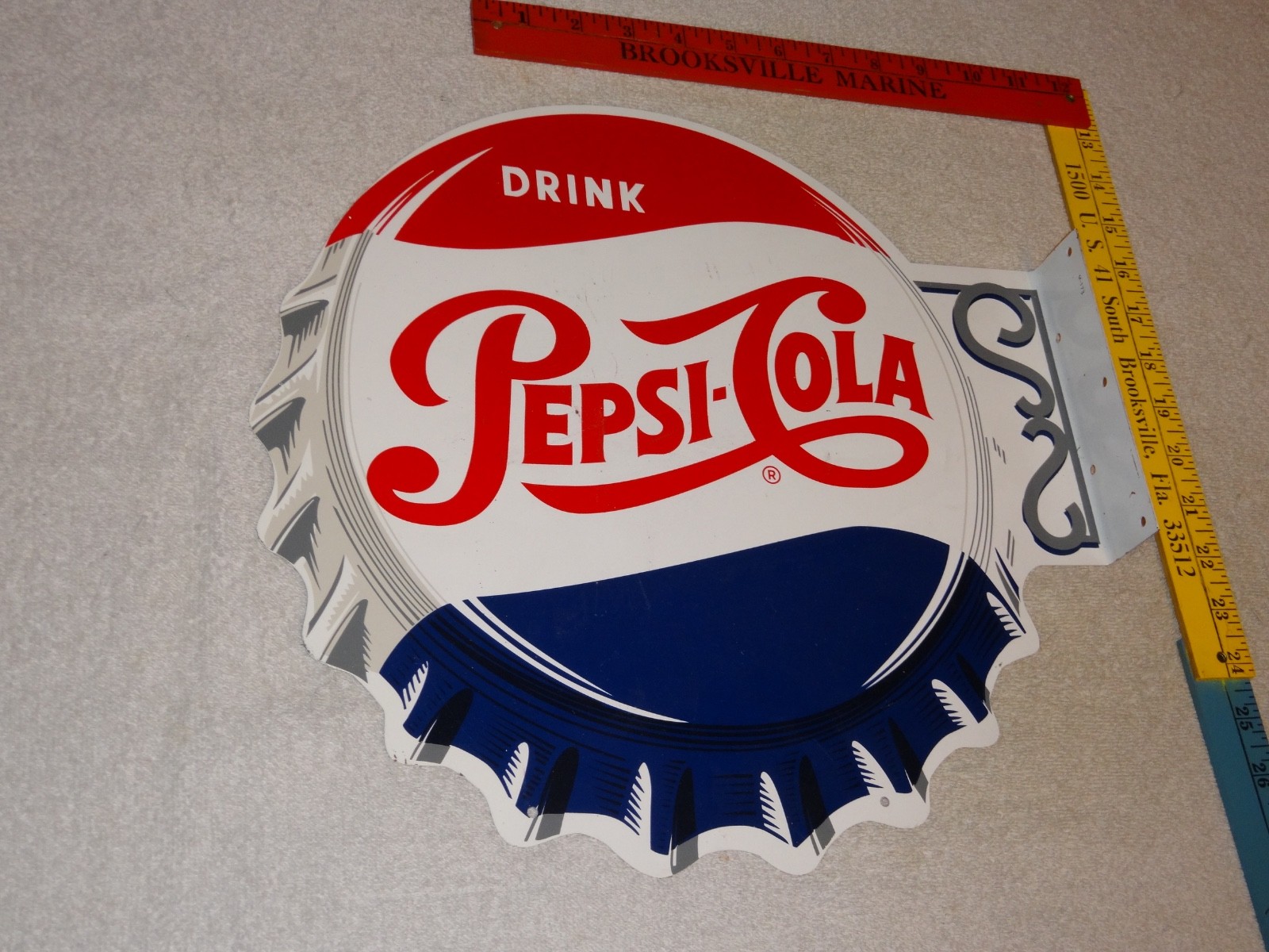 VINTAGE DRINK PEPSI COLA DIECUT 14" METAL SODA POP GASOLINE OIL FLANGE SIGN M173