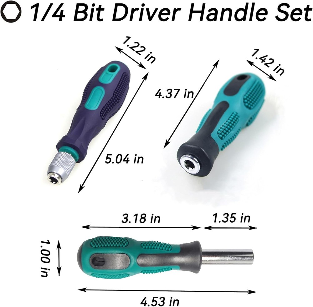 3-Piece 1/4 Hex Screwdriver Bit Holder Handle Set with Quick Change, Green