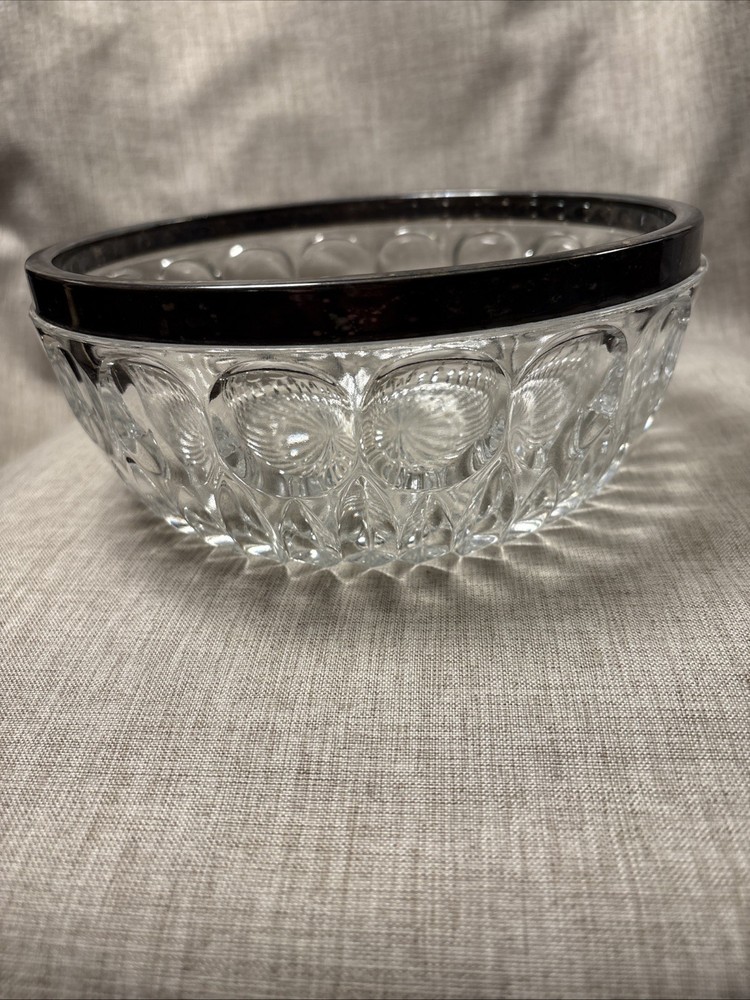 Vintage Leonard Italy Lead Crystal With Metal Silver Plated Rim Bowl.